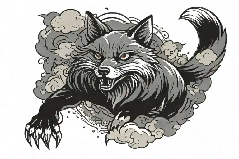 Simetric Angry Fox surrounded by clouds chest tattoo tattoo design idea