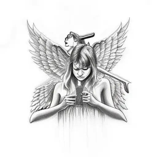 Angel & Devil tattoo from GTA5, sword between two women faces, left side is angel, right is devil tattoo design idea
