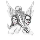 Angel & Devil tattoo from GTA5, sword between two women faces, left side is angel, right is devil tattoo design idea