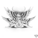 Angel & Devil tattoo from GTA5, sword between two women faces, left side is angel, right is devil tattoo design idea