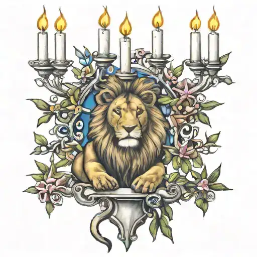 lion olive tree seven candle menorah Star of David tattoo design idea