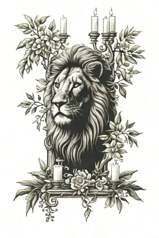 lion, olive tree, 7 candle menorah, flowers surrounding tattoo design idea