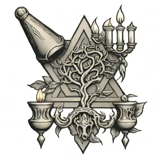 lion olive tree seven candle menorah Star of David tattoo design idea