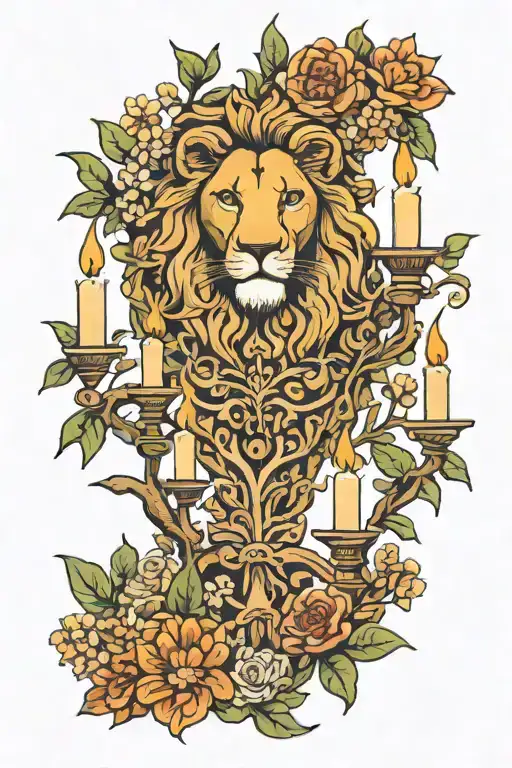 lion, olive tree, 7 candle menorah, flowers surrounding tattoo design idea