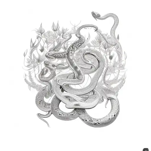 Silver Lilies, Serpent, and Celestial Moth. Include subtle chains wrapping around the lilies, serpent, and moth tattoo design idea