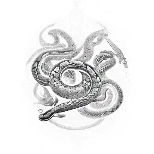 Silver Lilies, Serpent, and Celestial Moth. Include subtle chains wrapping around the lilies, serpent, and moth tattoo design idea