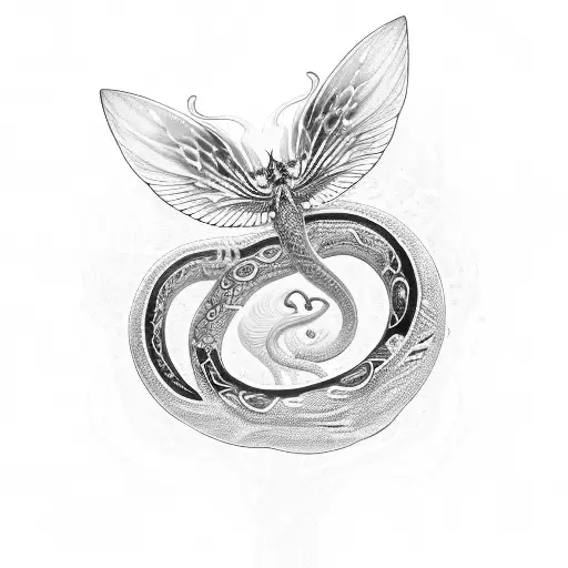 Silver Lilies, Serpent, and Celestial Moth. Include subtle chains wrapping around the lilies, serpent, and moth tattoo design idea