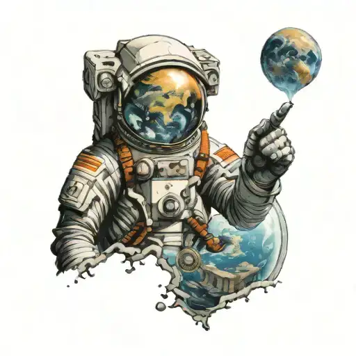In the background, the planet Earth, with a piece breaking off, in the foreground a person in a spacesuit giving the fin tattoo design idea