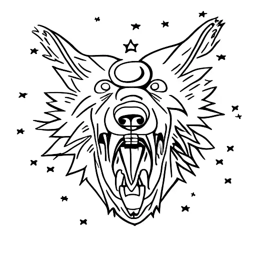 A wolf howling at a full moon with stars pouring out of its mouth tattoo design idea
