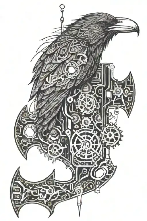 viking axe raven skull circuit board design tattoo design idea