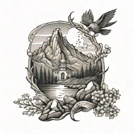A black and grey tattoo of a serene mountain landscape with religious symbols subtly integrated into the scenery, representing the client's love for both religion and the Appalachian mountains tattoo design idea