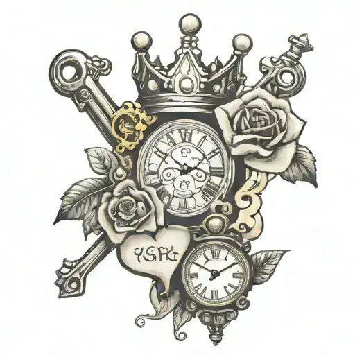 A tattoo of the name Meechie with a crown on top of the M with a clock set at 5pm a locked heart with a key and a rose tattoo design idea