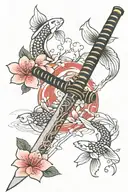 katana sword with koi around and cherry blossom flowers tattoo design idea