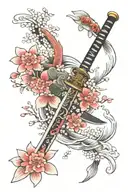 katana sword with koi around and cherry blossom flowers tattoo design idea