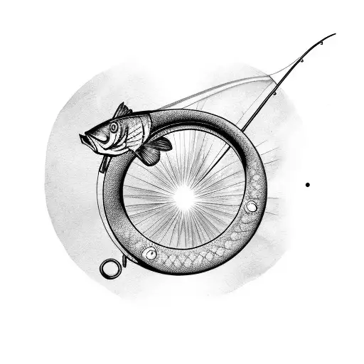 fishing rod with the line extended, instead of a hook shaped like a crescent moon, extend upward like full moon tattoo design idea