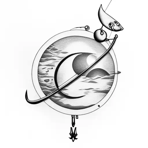 Black and Grey Fishing Rod With A Moon On The Hook Tattoo Idea