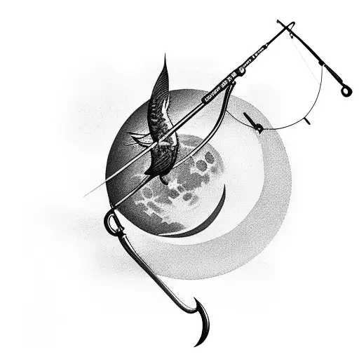 Black and Grey Fishing Rod With A Moon On The Hook Tattoo Idea - BlackInk  AI