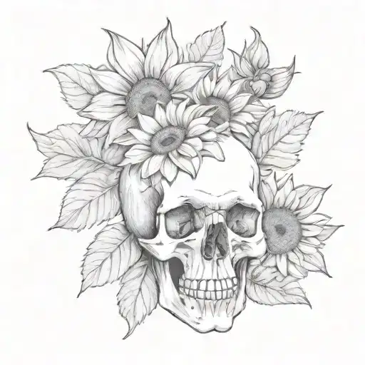 A realistic human skull next to a sunflower tattoo design idea
