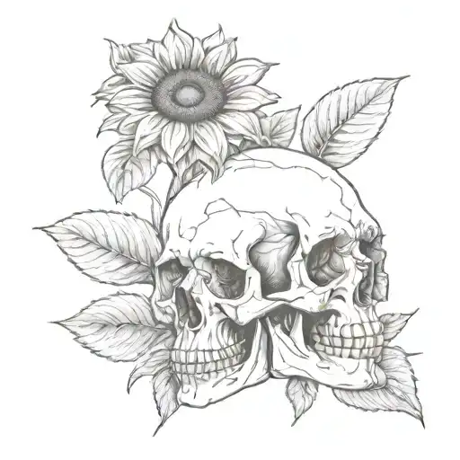A realistic human skull next to a single  sunflower tattoo design idea