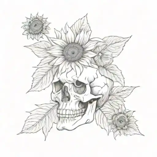 A realistic human skull next to a single  sunflower without the leaves tattoo design idea