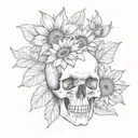A realistic human skull next to a sunflower tattoo design idea