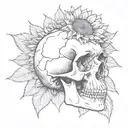 A realistic human skull next to a sunflower tattoo design idea