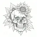 A realistic human skull next to a sunflower tattoo design idea