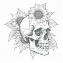 A realistic human skull next to a sunflower tattoo design idea