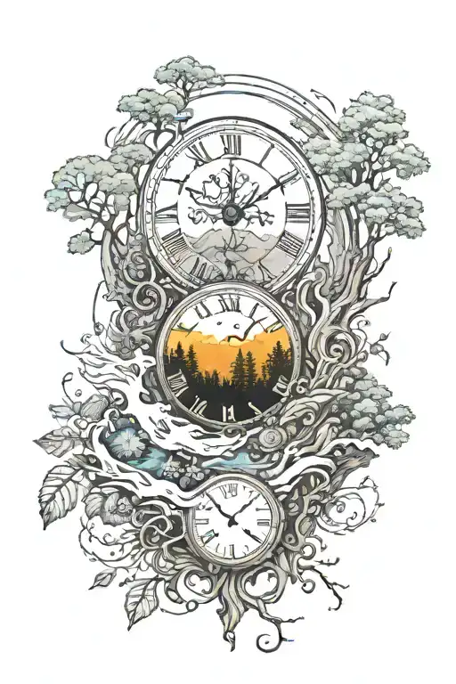 Nature, forest, symbol, clock, wind, water, life, strength, moving forward tattoo design idea