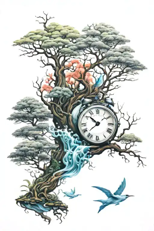 Nature, forest, time, wind, water, life, strength, ambitious tattoo design idea
