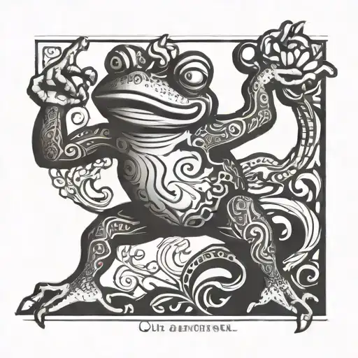 dancing frog with ancient greek tragic mask holding tattoo design idea