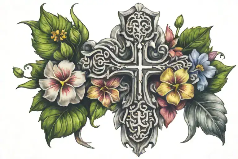 Bouquet of flowers intertwining around a Irish cross  tattoo design idea