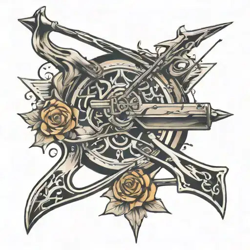 gun shooting bow and arrow going tattoo design idea
