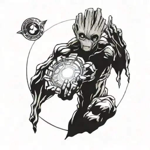 Groot’s arms should wrap protectively and dynamically around the arc reactor. One arm could loop from the top and around tattoo design idea