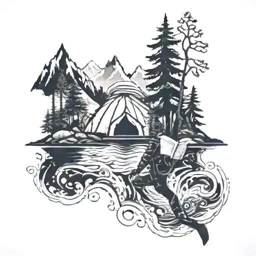 A fusion of blackwork and dotwork tattoo featuring a scuba diver swimming through a forest of underwater mountains, with a book floating beside them and a tent pitched on the ocean floor tattoo design idea