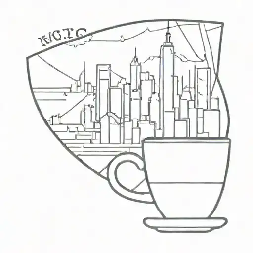 A minimalist tattoo of a coffee cup with a geometric NYC skyline in the background, combining the client's love for coffee and NYC. tattoo design idea