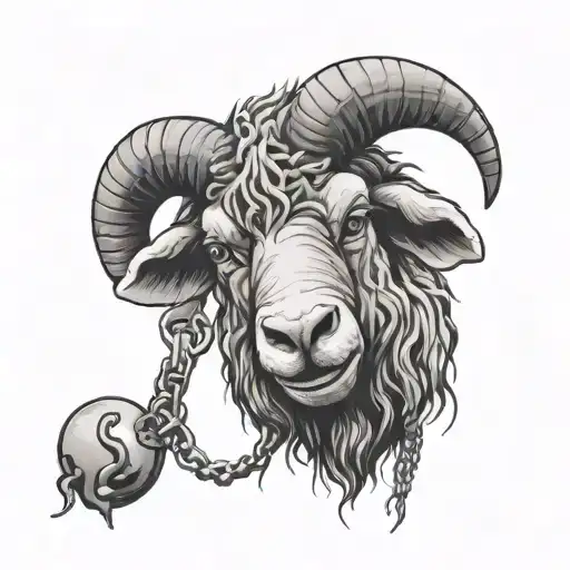 a creepy black sheep with scars on its head and a crazy smile that is trapped in chains tattoo design idea