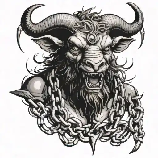 scary devil black sheep with madness in eyes and a scary smile with scars and trapped in chains tattoo design idea