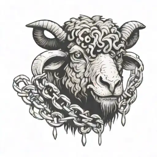 scary black sheep with madness in eyes and a scary smile with scars and trapped in chains tattoo design idea