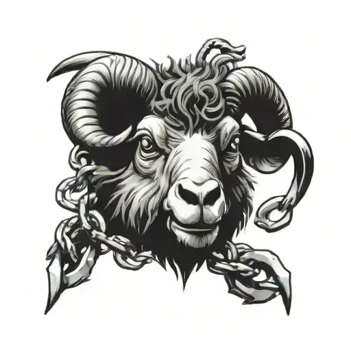 very scary black sheep with madness in eyes and a scary smile with scars on head and trapped in chains tattoo design idea