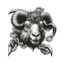 very scary black sheep with madness in eyes and a scary smile with scars on head and trapped in chains tattoo design idea
