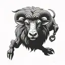 very scary black sheep with madness in eyes and a scary smile with scars on head and trapped in chains tattoo design idea