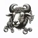 very scary black sheep with madness in eyes and a scary smile with scars on head and trapped in chains tattoo design idea