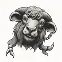 very scary black sheep with madness in eyes and a scary smile with scars on head and trapped in chains tattoo design idea