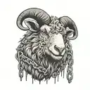 a creepy black sheep with scars and a crazy smile that is trapped in chains tattoo design idea