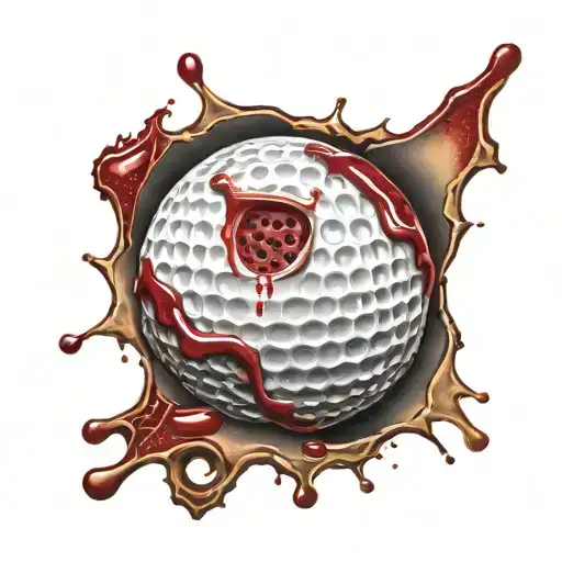A golf ball leaving a realistic wound with blood splatter and torn skin and exposed muscle tattoo design idea