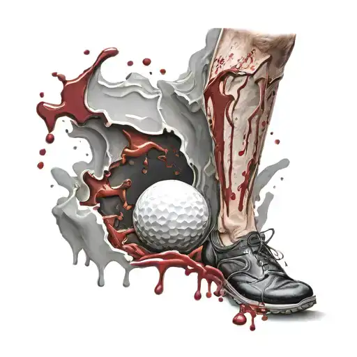 A golf ball appears to have just impacted the calf, leaving a vivid, realistic wound with blood splatter and torn skin. tattoo design idea