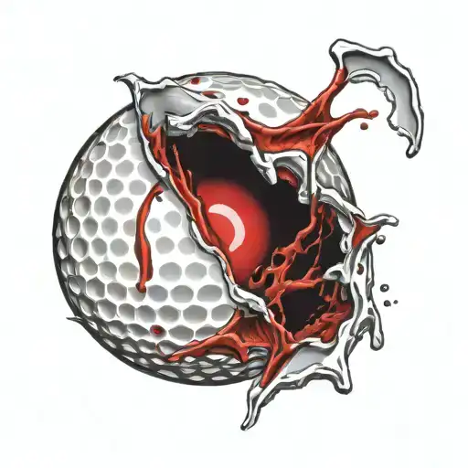 A golf ball leaving a realistic wound with blood splatter and torn skin and exposed muscle tattoo design idea