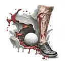 A golf ball appears to have just impacted the calf, leaving a vivid, realistic wound with blood splatter and torn skin. tattoo design idea
