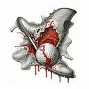 A golf ball appears to have just impacted the calf, leaving a vivid, realistic wound with blood splatter and torn skin. tattoo design idea